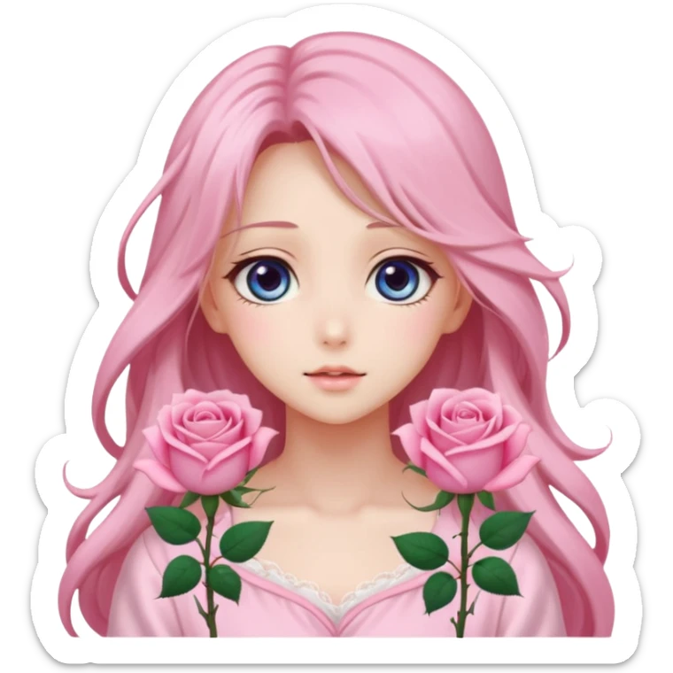 Gorgeous dreamy anime lady pink roses with long hair sticker