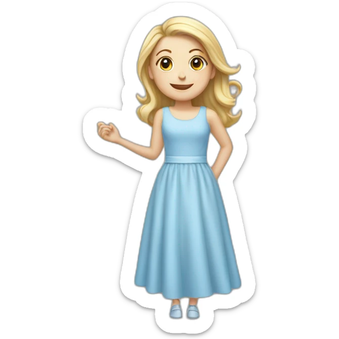 White girl wearing a light blue dress smile poiting for the left sticker