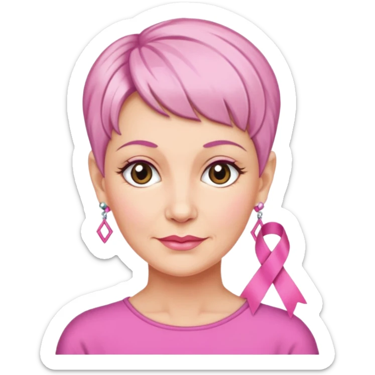 Mature Woman with pixiecut wearing earrings of pink ribbons sticker