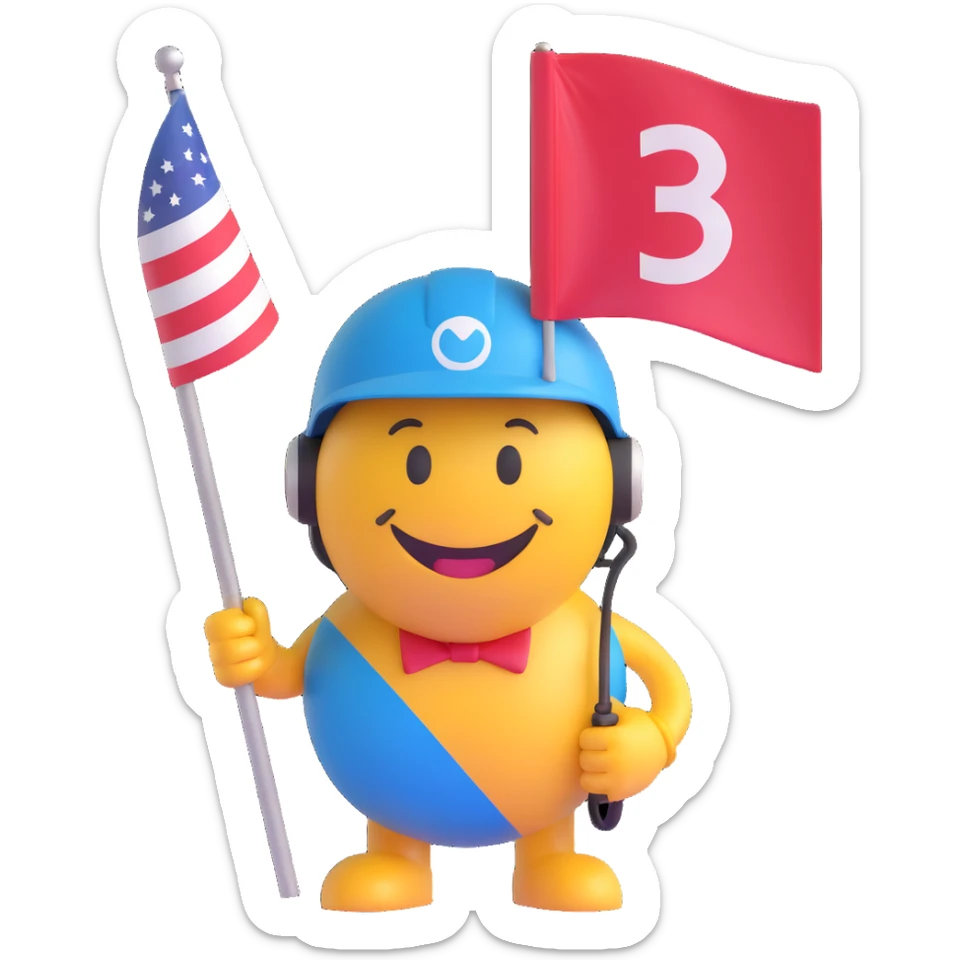 3D smiley emoji, round shape, motorcyclist with flag: holding flag, wearing helmet, smiling face sticker