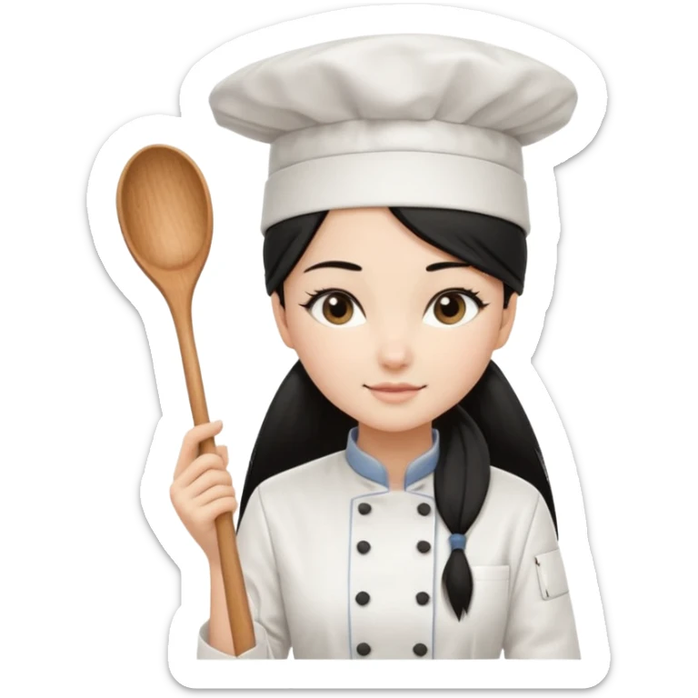 
A beautiful girl wears a white chef's uniform. Her long, straight black hair is styled in a ponytail. She wears a white chef's hat and holds a wooden cooking spoon. She is standing and wearing black shoes. The illustration style is 2D realistic.. sticker