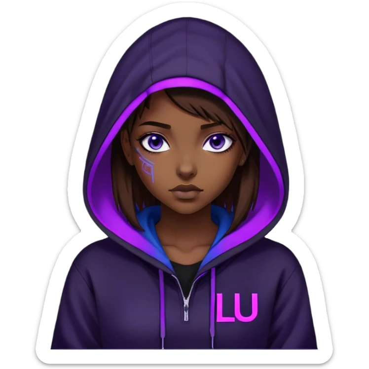 girl brown hair blue eyeswearing black hoody with violet letters "Lu" in the hood without a face. Cyberpunk style. Violet neon. sticker