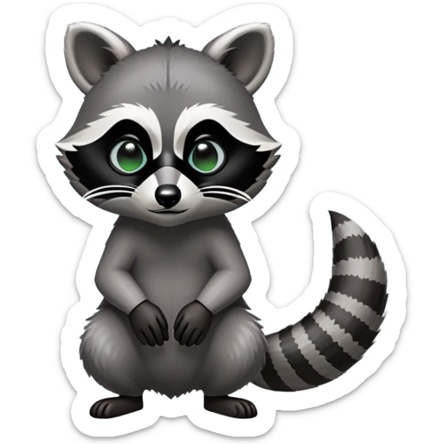 Cinematic-Raccoon-Realistic-hunched Full-Body on all fours-Emoji – Tail flicking lazily, head tilted dramatically, thick grey fur with a signature black mask, sharp and alert ears, simplified yet realistic focused features, highly detailed, glowing with an almost sarcastic glow. sticker