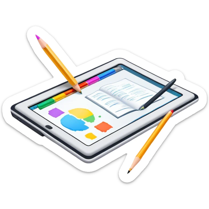 Colourfull Illustration icon, pencil, paintbrush, gel pen, graphic tablet or monitor with digital illustration, open book with sketches, minimalistic style, clean lines, transparent background. sticker