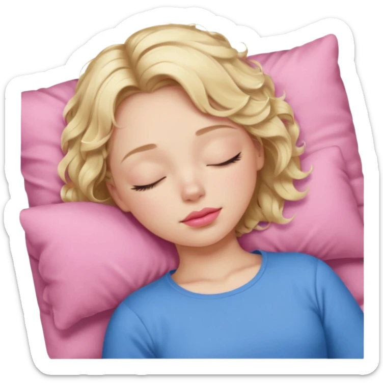Girl Blonde short wavy hair,  blue eyes, cute blue top, long lashes, pink lips, sleeping eyes closed, catching zzzz  sticker