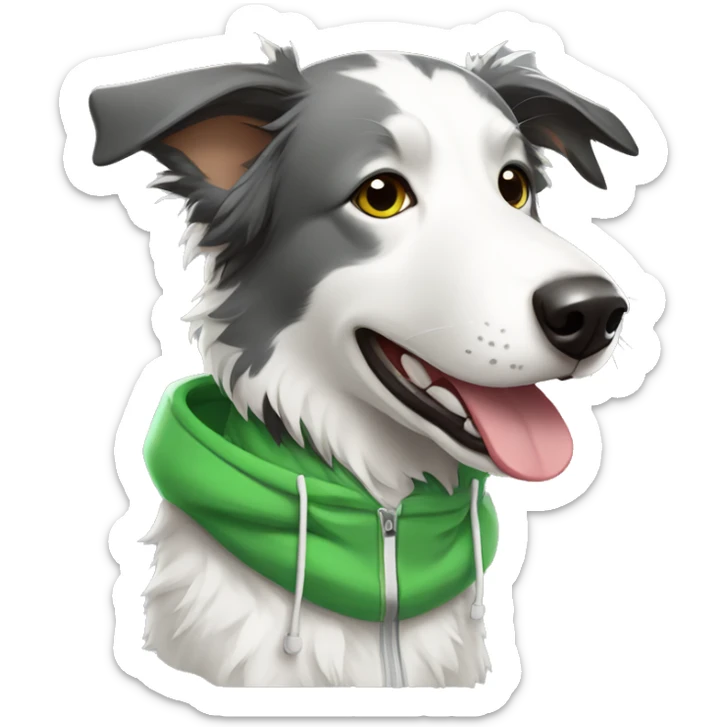gray and white border collie with a green hoodie wearing headphones side profile sticker