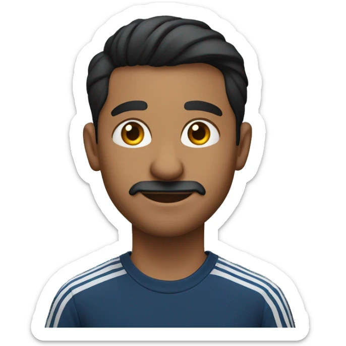 generate me an emoji of an Indian man in a dark blue shirt and black Adidas pants with the 3 stripes sitting in a school desk with his hands in his pocket sticker