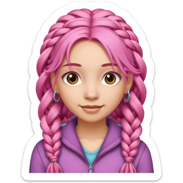 A light-skinned woman with long pink hair styled in braids, brown eyes, and a gentle smile. sticker