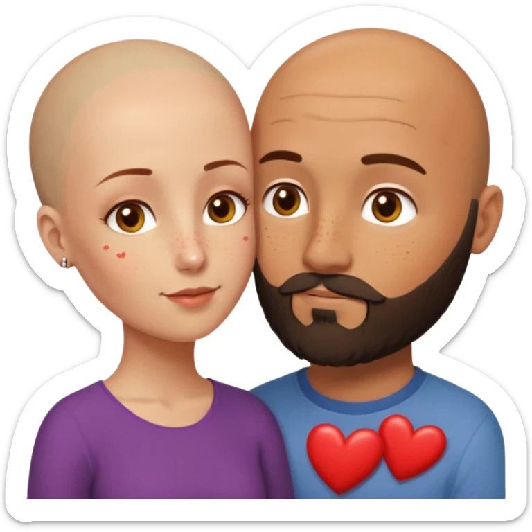 Couple. Bald man with dark brown-black beard. Woman with many small, faded, round freckles, white skin and she has auburn-yellow-brown-caramel-cinnamon dark hair. She has light yellow-brown eyes. He have hazel eyes. They look at each other. Many small red hearts around them. sticker