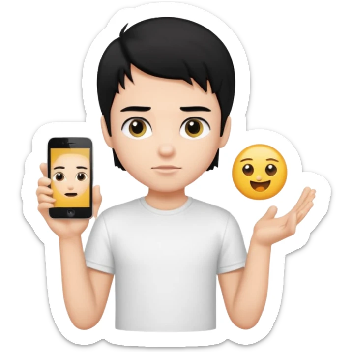 generate a pretty bratz emoji of a boy with black hair wearing a white tshirt and holding a cT sticker