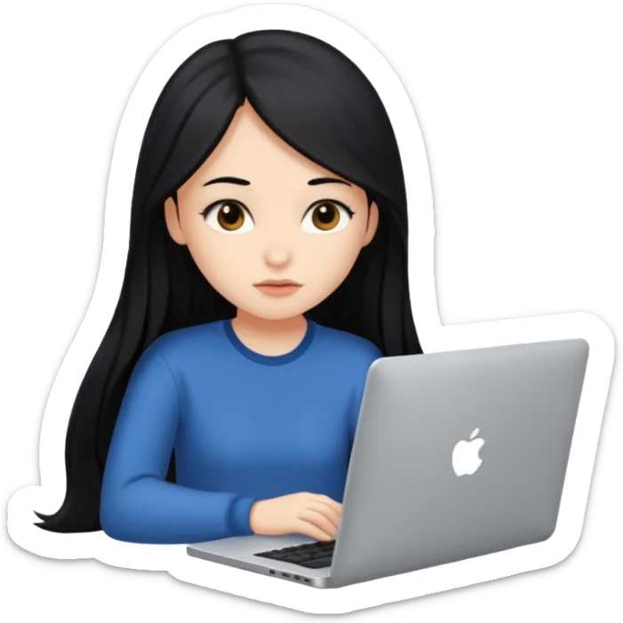 girl with long black hair sitting with a laptop sticker