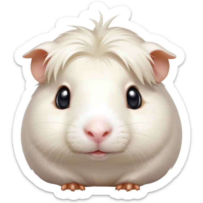 Cinematic Cute White Guinea Pig Portrait Emoji, Head tilted playfully and inquisitively, showcasing a silky, immaculate white coat with a natural glow, round, sparkling dark eyes filled with curiosity, Simplified yet irresistibly adorable features, highly detailed, glowing with a warm, friendly light, high shine, affectionate and lively, stylized with a touch of whimsy, bright and endearing, soft glowing outline, capturing the essence of a mischievous yet loving guinea pig, so playful it feels like it could nuzzle out of the screen and into your arms! sticker