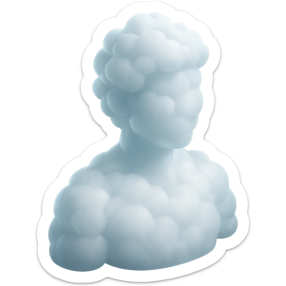shoulder-up person fully made of white fluffy convex clouds, matte glass style, volumetric and soft clouds, airy and light appearance, clouds with slight transparency, no background sticker