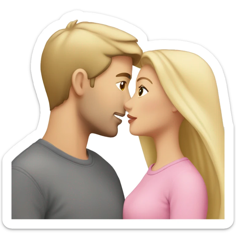 A beautiful blonde girl with brown eyes wearing a pink sweater. She’s kissing her boyfriend who is taller and white but with darker blonde hair with brown eyes and a white T-shirt. They are kissing sticker