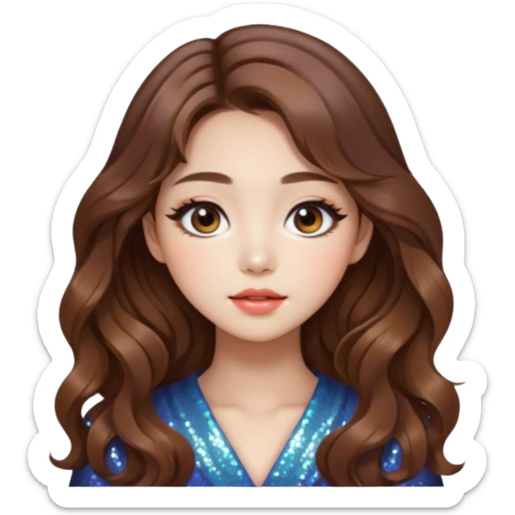 “korean brown hair Emoji girl, soft eyeliner, gradient lips, light brown shimmer eyeshadow, sparkly aegyo-sal, long wavy hair,  sticker