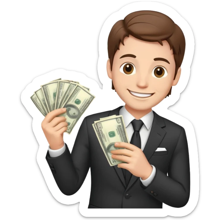 white male in a suit with money in his hand, smiling expression, happy face, brown hair sticker