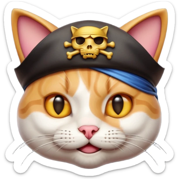 Premium 3D emoji icon of cat, pirate theme, high detail, glossy finish, claymorphism style, soft studio lighting, isolated on white background, 8k resolution, stylized professional look --v 6.0 sticker