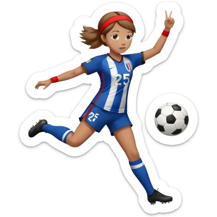 a girl with semi light brown hair with a number 25 jersey kicking a soccer ball in a blue and black striped uniform with a red headband that says Victory. sticker