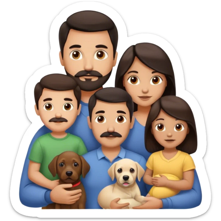 A white family with 3 kids. Dad has sark eyes, dark hair, moustache and beard, mom has long dark hair and grey eyes. Oldest boy has dark hair and eyes, middle girl has brown hair and grey eyes and youngest child is a baby. They also have a labrador sticker
