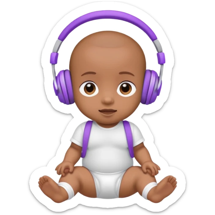 a brown skin cute baby in a white diaper and purple headphones sticker