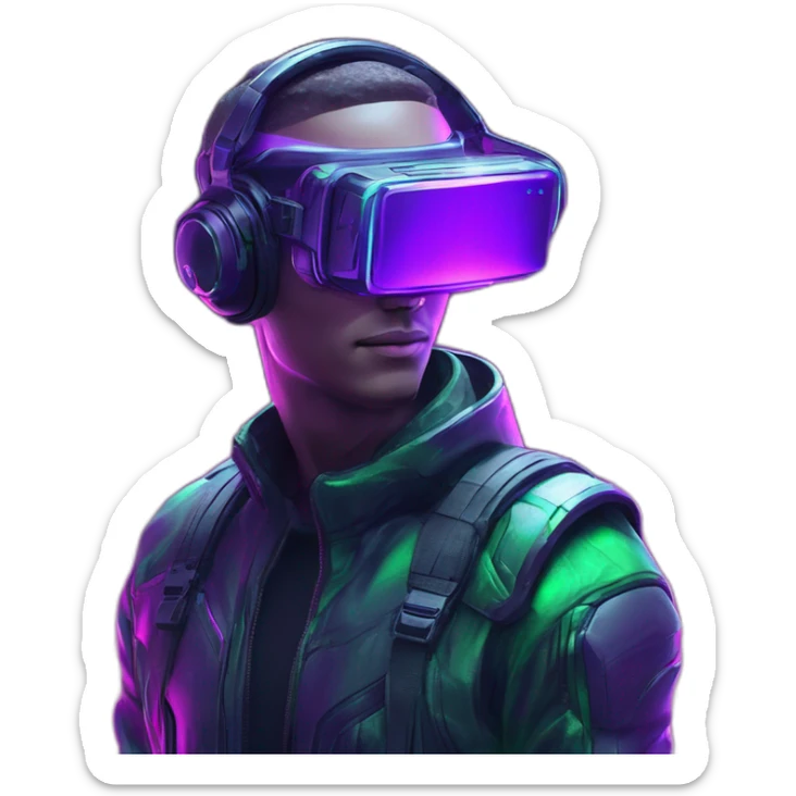A hiperrealistc cyberwear futuristic metaverse Man playing with holograms cyberwear techwear green and purple neon perfect lights add a Futuristic cyberpunk metaverse headset sticker