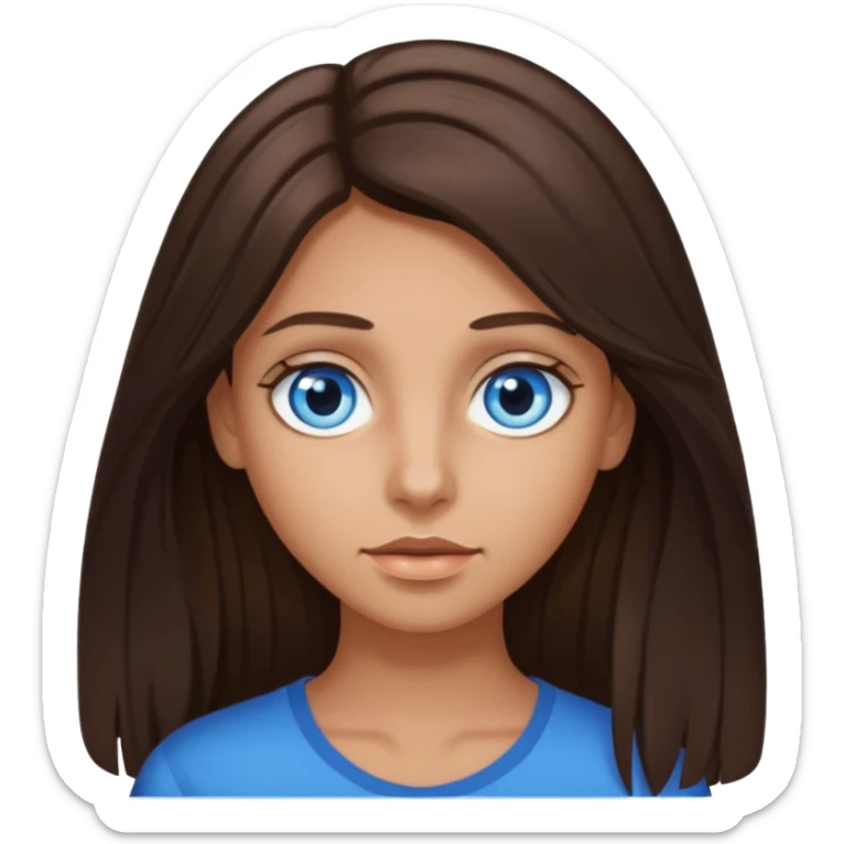 long dark brown hair with highlights in the front, big blue eyes clear taned skin sticker