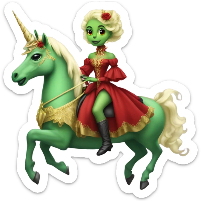 "galora green blonde alien woman" in red Victorian elegant dress, full body, rides unicorn gold and white
 sticker