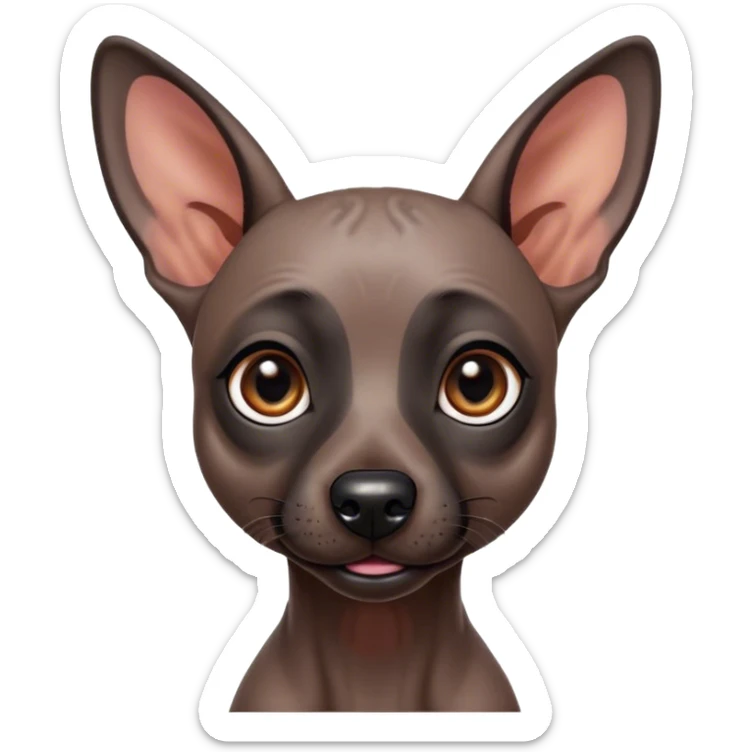 Cinematic Cute Xoloitzcuintle dog Portrait Emoji, Head tilted playfully and inquisitively, featuring smooth, hairless ebony skin with distinctive, artistic wrinkles, round, sparkling dark eyes filled with curiosity, Simplified yet irresistibly adorable features, highly detailed, glowing with a warm, friendly glow, high shine, affectionate and spirited, stylized with a touch of whimsy, bright and endearing, soft glowing outline, capturing the essence of a mischievous yet loving companion, so playful it feels like it could trot out of the screen and into your arms! sticker