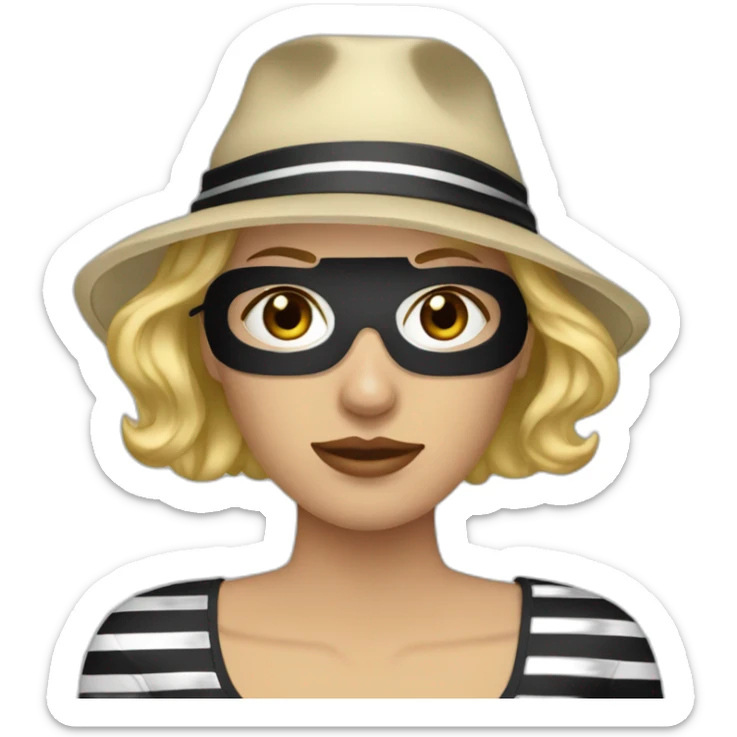 bank robber blonde woman with black hat eye mask and striped shirt sticker