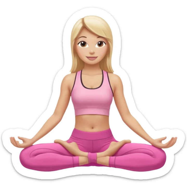 Mujer color de piel moreno con cabello rubio suelto y lacio y largo, que tenga gloss en los labios y se vea usando Blush rosita, usando un top rosa deportivo y leggins deportivo rosa en una pose de yoga sentada, viendo hacia enfrente con ojos negros y sonriendo sin mostrar los dientes sticker