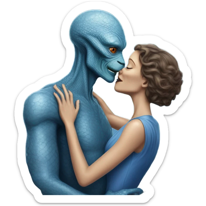 White man in blue dress  hugs and kissing Alien reptilian woman in silver dress  sticker