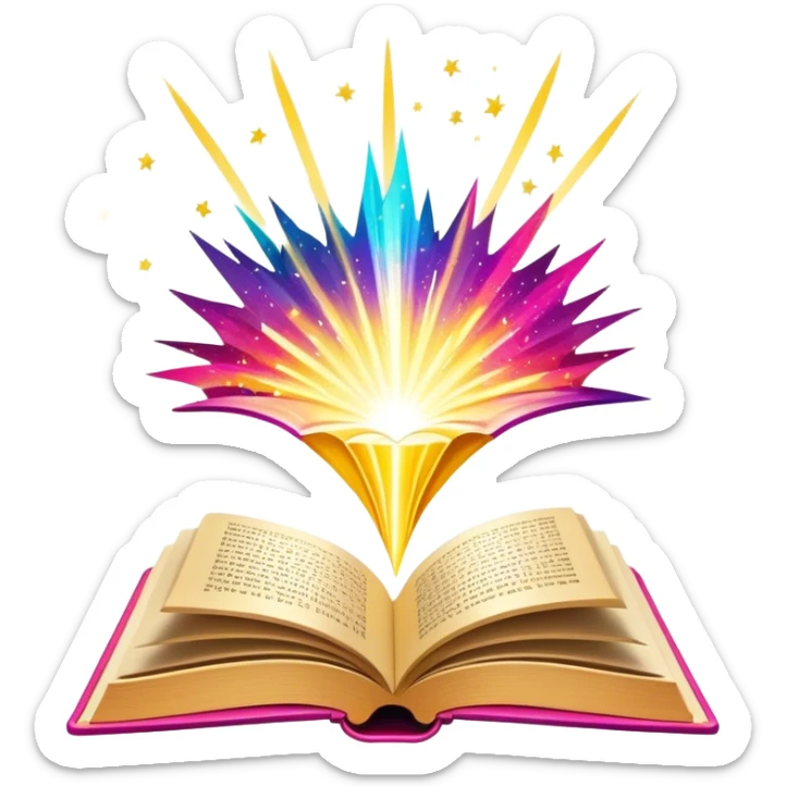 Un libro con un aura de colores vibrantes, con destellos dorados flotando a su alrededor,  un rayo de luz atravesándolo, simbolizando la explosión de creatividad sin miedo.  sticker