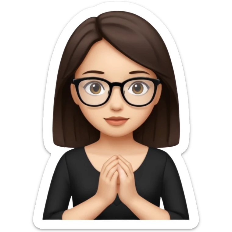 a cute brunette girl in a black dress wearing glasses  with two hands  sticker