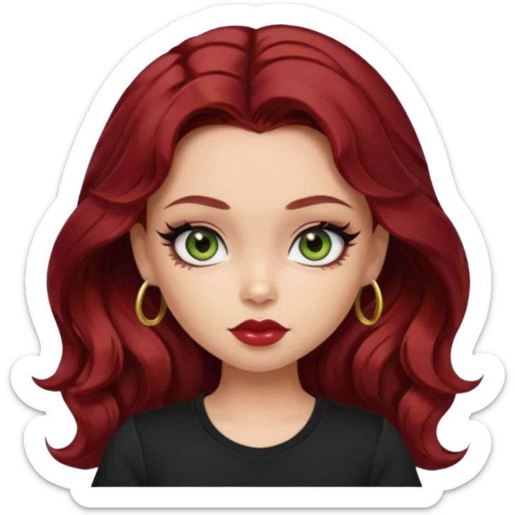 a pretty fair bratz girl with wavy dark red hair, wearing a black tee. eyeliner on, olive green eyes. Waist up sticker
