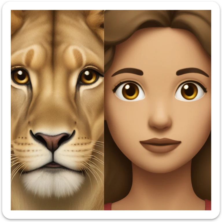 Half of the brunette girl's face together with half of the lioness's face in one Half of the brunette girl's face together with half of the lioness's face in one sticker