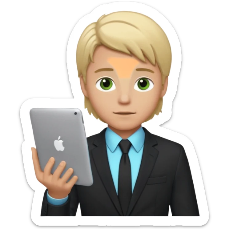 a young boy of about 20 with blond hair that is medium length, he is dressed in suit with tie and jacket, tie blue jacket black, in his hands he has a gray macbook, and black iphone. green-brown eyes sticker
