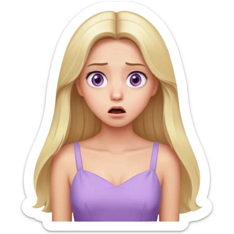 shocked face blonde model, hazel eyes, sleek long hair, pastel purple dress sticker