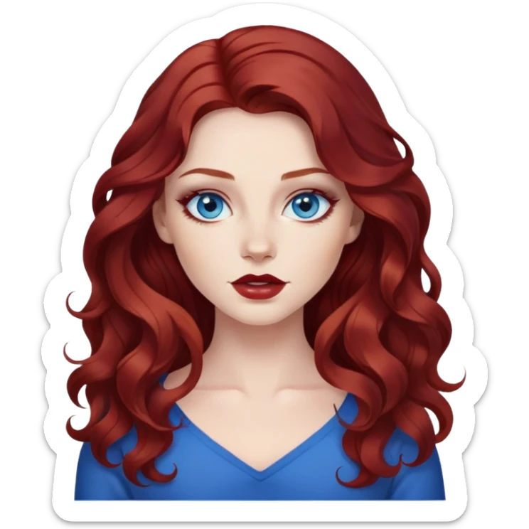 pretty baddie, dark res wavy hair, pale skin, long hair, blue eyes, makeup sticker