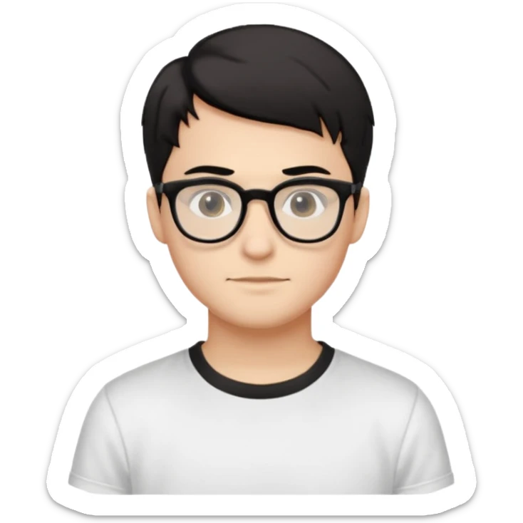 Style anchor + Young adult male American, light-medium skin, short black hair, white crew-neck tee, thin black-rim glasses, friendly neutral. sticker