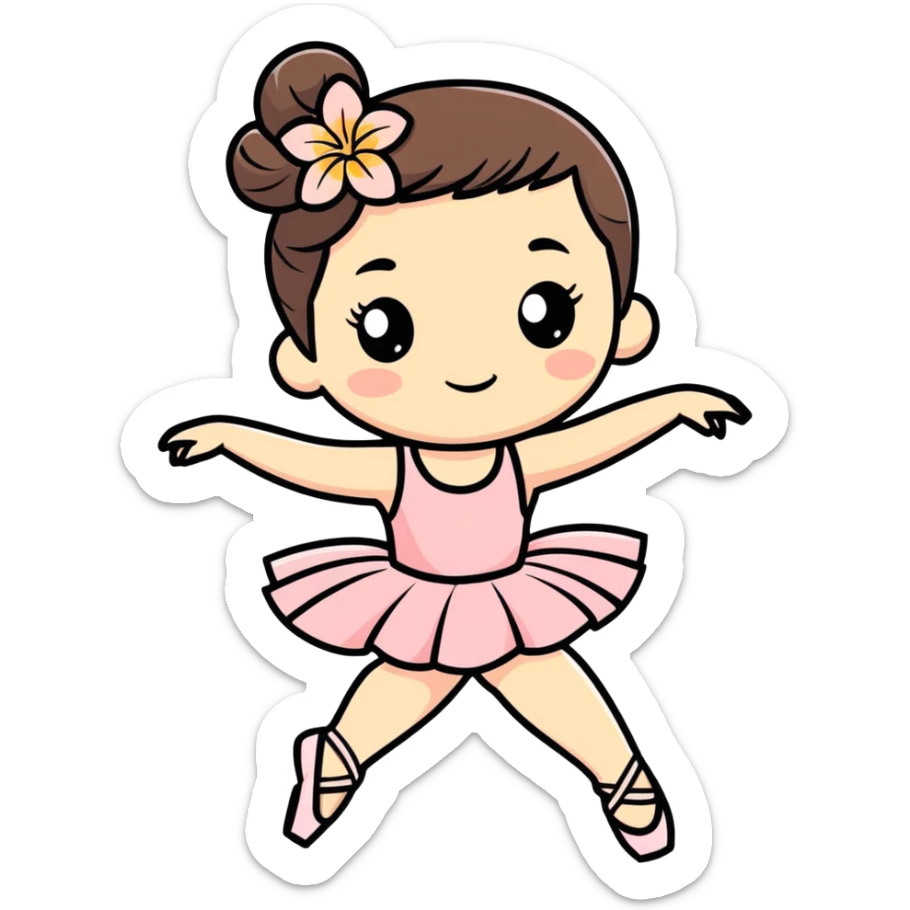 girl with a Hawaiian flower in her hair, wearing ballet heels, doing ballet with a bag sticker
