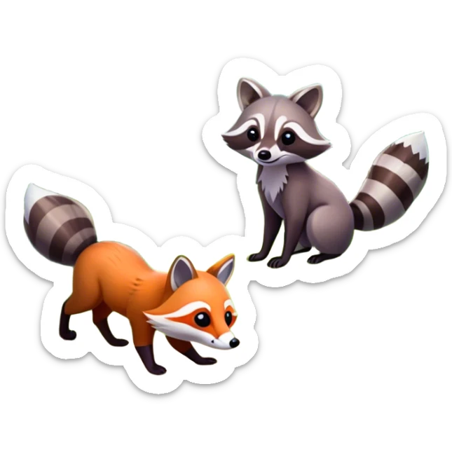 raccoon and a fox among a colorful forest with vibrant green trees, bushes and flowers. The animals are in the foreground, surrounded by a lush, bright forest, with soft sunlight filtering through the leaves. A playful photo-realistic and wild scene with a transparent background. sticker