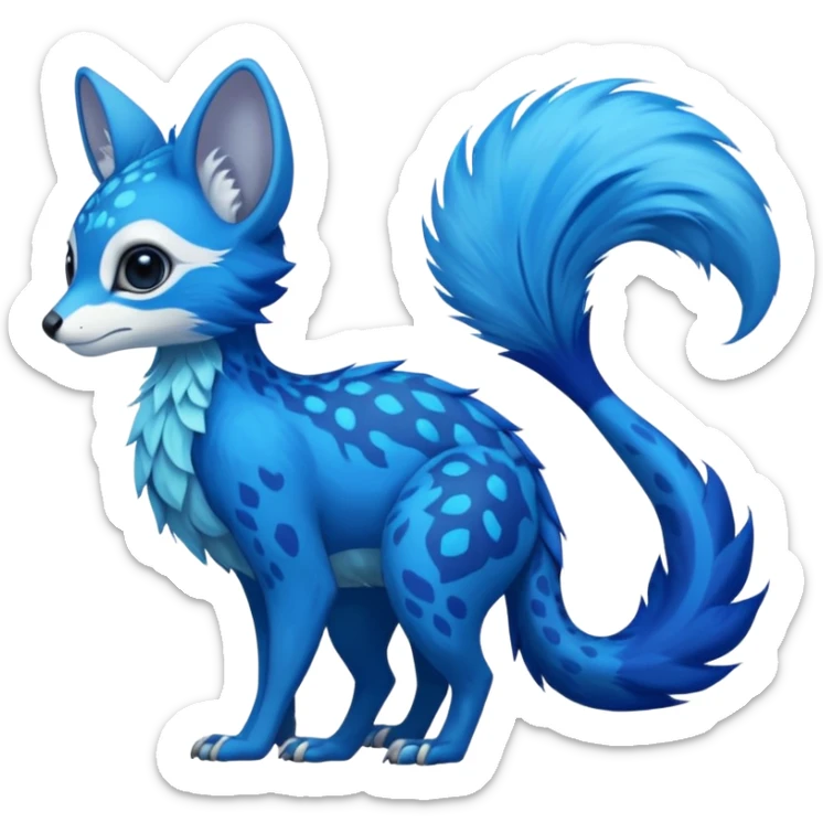 Feral Rare Fantasy vibrant tropical cobalt-blue and cyan Vernid-Trico-species-creature by LiLaiRa, random markings, tufted tail, tufted ears, full body sticker