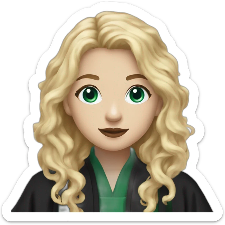 Girl Blue eyes black Slytherin robes with short wavy ash blonde hair eating chips and cheese hogwarts robe sticker