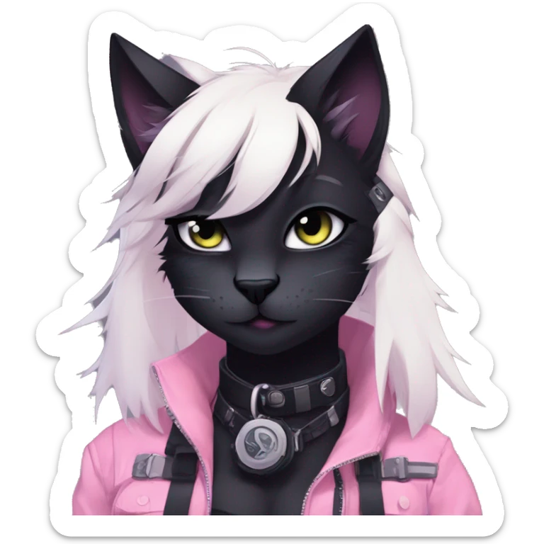 Gorgeous furry dark cyberpunk techwear anime style anthro black cat fursona with blushing face aesthetic and pretty edgy black with collar and harness trending style sticker