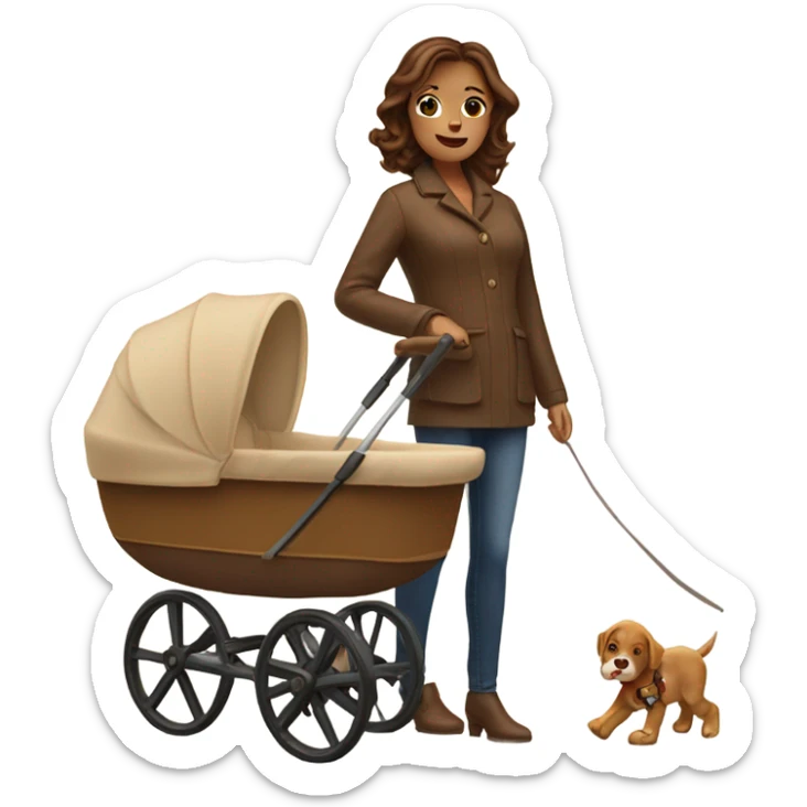 beautiful mother with brown hair. next to caramel baby carriage sticker