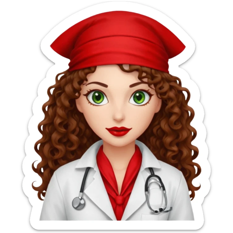 Spanish sexy evil woman. She has green eyes.  had brown long curly hair.  evil surgeon kills with needle wears red sexy doctor coat with red mouth bandana red gloves.  sticker