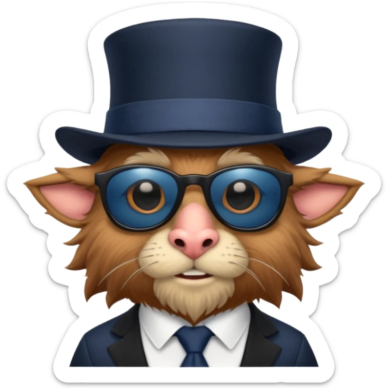 furry brown dwarf creature with a big nose and wears dark sunglasses, a black top hat, and navy blue tie. sticker