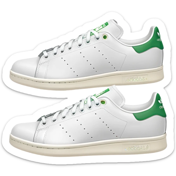 Pair of Adidas Stan Smith sneakers in white and green colorway, one positioned behind the other, both shoes shown from side angle sticker