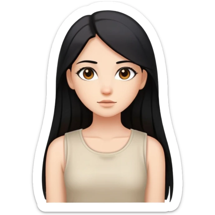 Female with straight long black hair parted in middle, beige skin, big brown eyes, natural makeup, white sleeveless top sticker