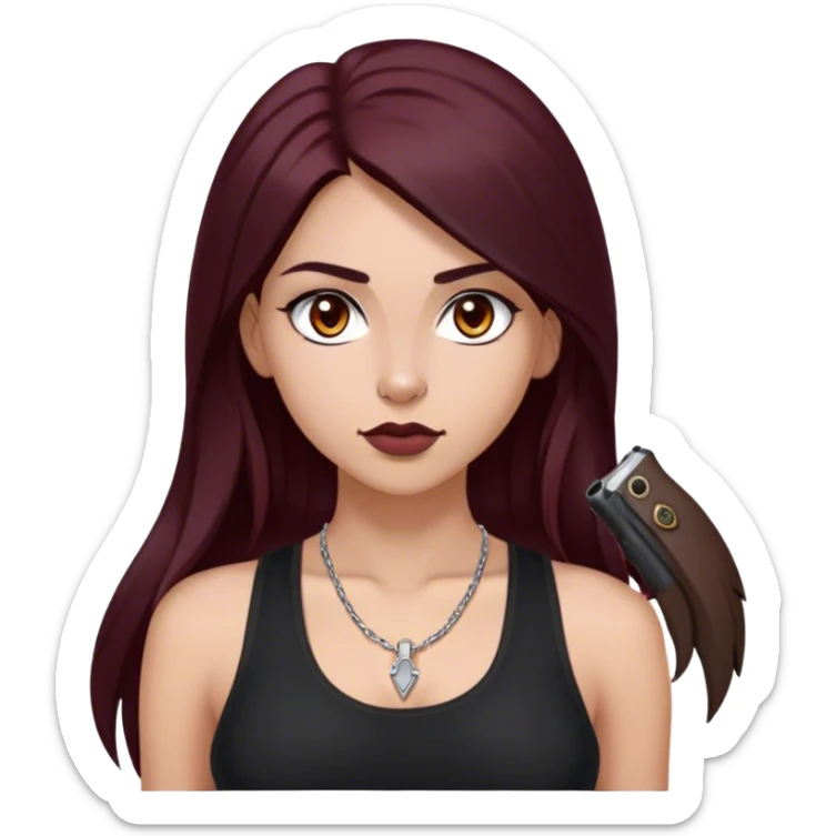 emoji of girl with two black glocks in hands with a black tank top gorgeous girl y2k with maroon dark long hair in a middle part with straight nose hazel eyes medium perfect eye brows with  a nose ring silver on the right nostril  sticker